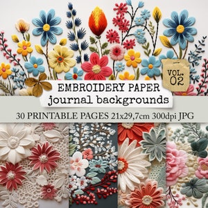 EMBROIDERY PAPER junk journal Seiten, gestickte Papierblumen auf feiner Häkelspitze, Hintergrundseiten Junk Journals, Collagebögen 21x29,7