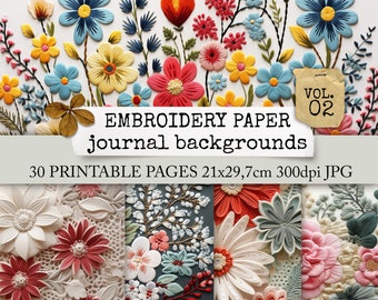 EMBROIDERY PAPER junk journal pages, embroidered paper flowers on fine crochet lace, background pages junk journals, collage sheets 21x29.7