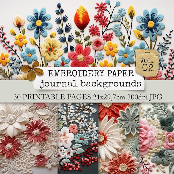 EMBROIDERY PAPER junk journal pages, embroidered paper flowers on fine crochet lace, background pages junk journals, collage sheets 21x29.7