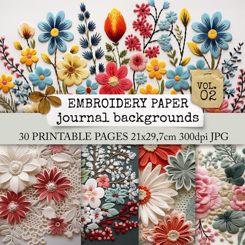 EMBROIDERY PAPER junk journal pages, embroidered paper flowers on fine crochet lace, background pages junk journals, collage sheets 21x29.7 image 1