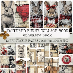 TATTERED BUNNY COLLAGE boek junk journal ephemera, digitaal paasboekpapier, konijntjes, paaspapier, collagepapier, digitale download 21x29.7