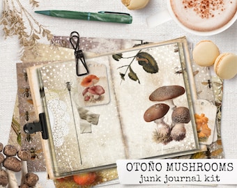 mushrooms digital printable junk journal kit, collage sheets for botanical junk journaling & scrapbooking