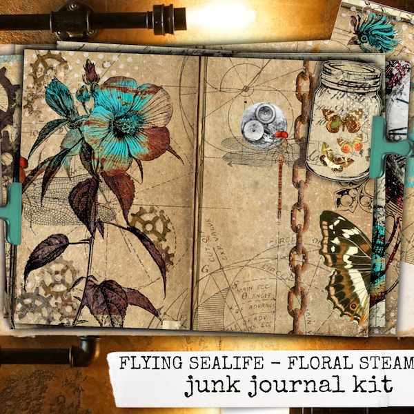 FLYING SEALIFE Steampunk Junk Journal Kit, vintage botanisches Notizbuch herunterladen Tagebuch digital druckbare Seiten scrapbook 8,5x11