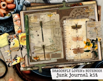 dragonfly junk journal kit, dragonfly lover's notebook, download digital printable kit, paper sheets for junk journal & scrapbooking