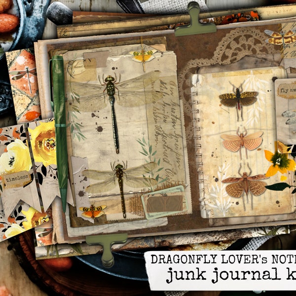 dragonfly junk journal kit, dragonfly lover's notebook, download digital printable kit, paper sheets for junk journal & scrapbooking