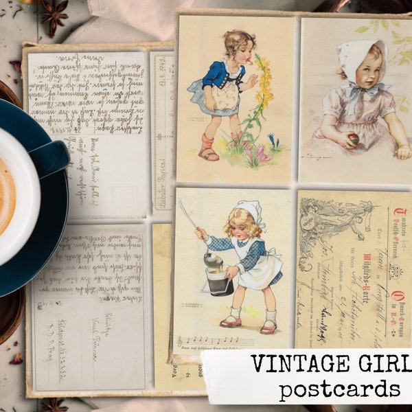 digital printable postcards, postcards girls, postcards vintage, postcards set, postcards printable for junk journals