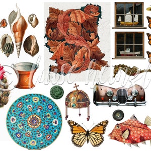 Op de afbeelding: Een collage van verschillende afbeeldingen, waaronder een oldtimer, een vlinder, een vis, een cactus, een schelp, een kroon, een bord, een emmer, een raam, een sleutel, een zeepaardje en een gestileerd menselijk gezicht.