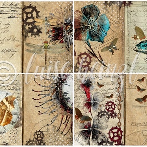 May include: A collage of four images with a vintage aesthetic. The images feature a frog, a dragonfly, a flower, a lizard, a butterfly, a fish, and gears. The images are all on a brown background with white dots.