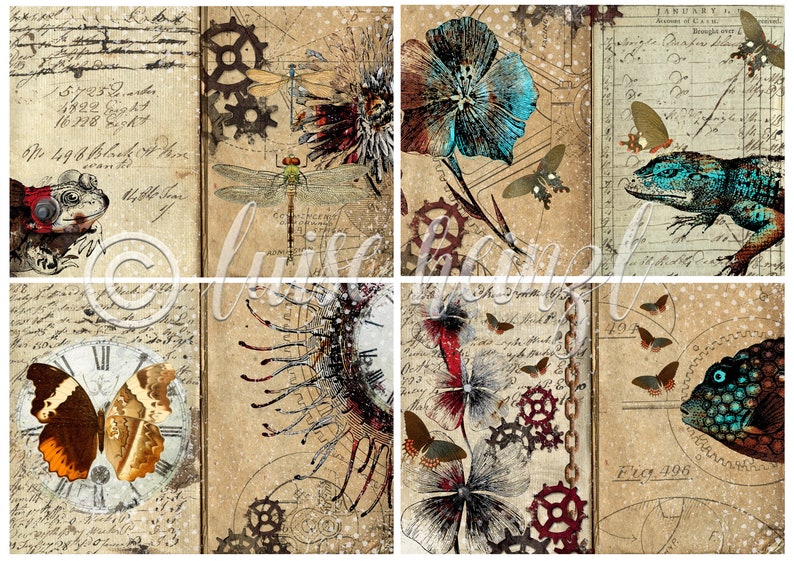 May include: A collage of four images with a vintage aesthetic. The images feature a frog, a dragonfly, a flower, a lizard, a butterfly, a fish, and gears. The images are all on a brown background with white dots.