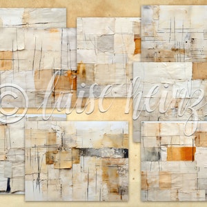 May include: Abstract art print featuring a collage of textured paper in shades of white, beige, and brown. The paper is layered and overlapping, creating a sense of depth and dimension. The print is accented with thin black lines, adding a graphic element to the composition.