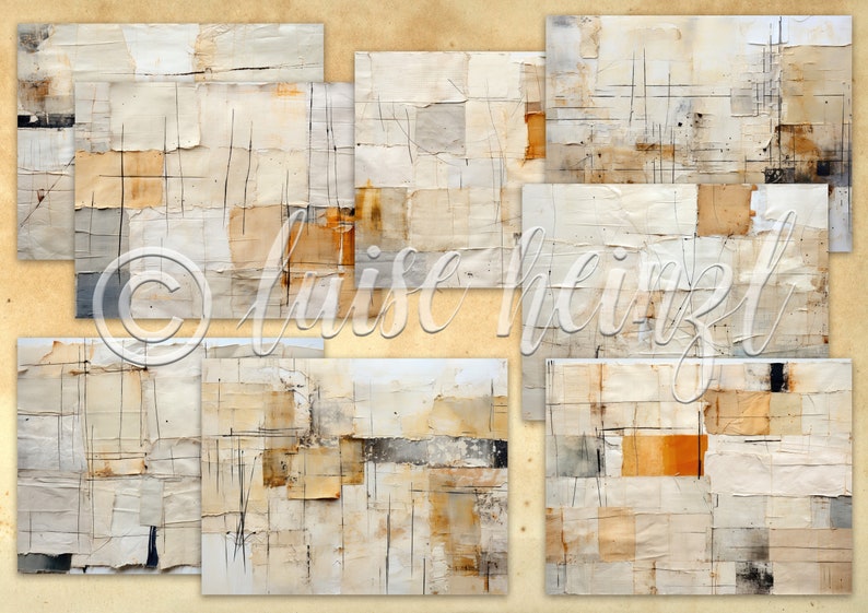 May include: Abstract art print featuring a collage of textured paper in shades of white, beige, and brown. The paper is layered and overlapping, creating a sense of depth and dimension. The print is accented with thin black lines, adding a graphic element to the composition.