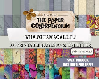 May include: A digital paper pack titled "The Paper Colorpendium" by Luise Heinzl. The image features a variety of colorful, textured paper designs, including floral, abstract, and marbled patterns. The text "WHATCHAMACALLIT" and "100 PRINTABLE PAGES A4 & US LETTER" are also visible.
