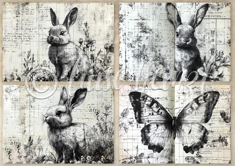 May include: A collage of four images featuring black and white illustrations of rabbits and a butterfly. The images are set against a background of a vintage, distressed, grid-like paper.