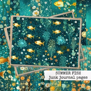 SUMMER FISH junk journal Seiten, farbenfrohe Blumen und Fische unter Wasser, florales Papier mit Fischen, download, Notizbücher, Scrapbooks
