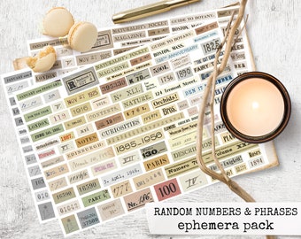 random numbers & phrases ephemera for junk journal hobby crafting scrapbooking digital instant download printable collage sheet