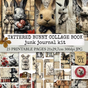 TATTERED BUNNY COLLAGE book junk journal kit, digital Easter paper, bunnies, Easter book, collage paper, digital download 21x29,7