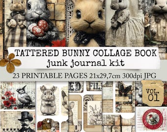 TATTERED BUNNY COLLAGE book junk journal kit, digital Easter paper, bunnies, Easter book, collage paper, digital download 21x29,7