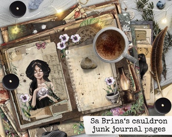 witch spell book grimoire junk journal pages, digital download for scrapbook, notebooks, planners, cardmaking