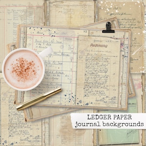 ledger paper journal backgrounds, digital printable paper for junk journal, scrapbook, notebook, collage sheets, vintage paper download