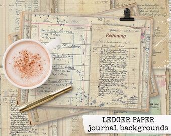 ledger paper journal backgrounds, digital printable paper for junk journal, scrapbook, notebook, collage sheets, vintage paper download