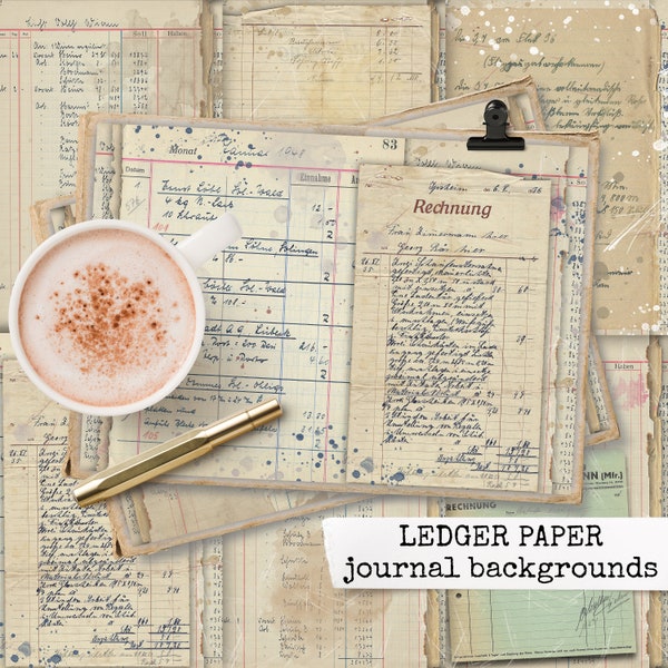 ledger paper journal backgrounds, digital printable paper for junk journal, scrapbook, notebook, collage sheets, vintage paper download