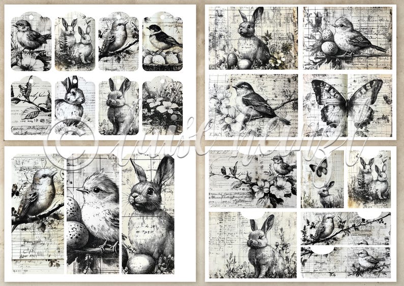 K&ouml;nnte beinhalten: Eine Collage von Bildern im Vintage-Stil mit V&ouml;geln, Kaninchen und Schmetterlingen. Die Bilder sind in Schwarzwei&szlig; gehalten und haben ein gealtertes, abgenutztes Aussehen. Einige Bilder befinden sich auf tagf&ouml;rmigen Hintergr&uuml;nden, andere auf rechteckigen Hintergr&uuml;nden.