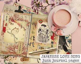 JAPANESE LOVE SONG, japan junk journal kit, asia junk journal kit, japanese digital papers for junk journals 8.5x11