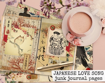 Puede incluir: Una colección de páginas de papel vintage de inspiración japonesa con ilustraciones de pájaros, flores y personas. Las páginas están decoradas con acentos rojos y dorados y tienen texto japonés. Las páginas son perfectas para usar en un diario de chatarra u otros proyectos de manualidades.