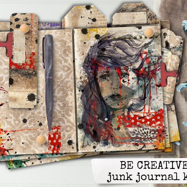 BE CREATIVE digitales junk journal kit, sofort download, watercolor, washi tape, Kunst ephemera, coffe dyed tags, collage 21x29,7