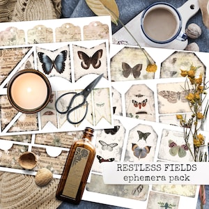 Può includere: Un set di etichette di ephemera stampabili in stile vintage con farfalle, falene e altri insetti. Le etichette sono stampate su uno sfondo bianco con un aspetto usurato e invecchiato. Il testo "RESTLESS FIELDS ephemera pack" è stampato su uno striscione bianco nella parte inferiore dell'immagine.