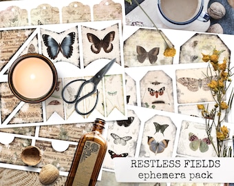 junk journal ephemera restless fields, butterfly moths junk journal kit, field notes, download collage sheets for junk journal, scrapbook