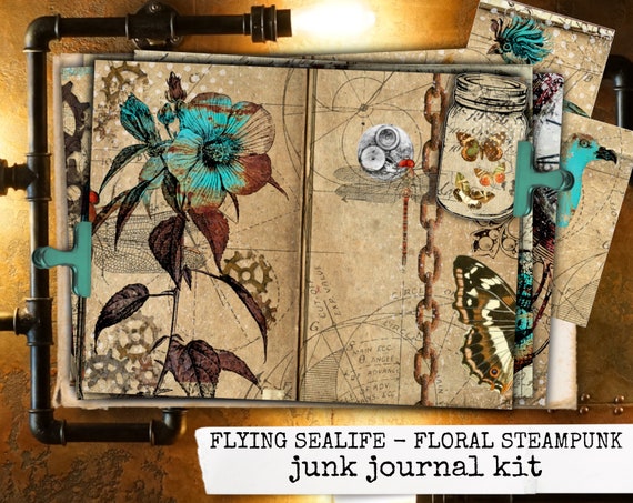 FLYING SEALIFE Steampunk Junk Journal Kit, vintage botanisches Notizbuch herunterladen Tagebuch digital druckbare Seiten scrapbook 21x29,7