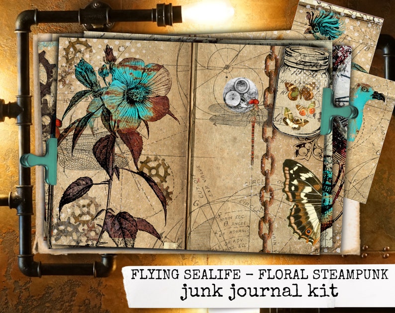 May include: A digital junk journal kit with a steampunk theme. The kit features a variety of images, including a blue flower, a dragonfly, a butterfly, a jar with a butterfly inside, and a chain. The text "FLYING SEALIFE - FLORAL STEAMPUNK junk journal kit" is visible at the bottom of the image.