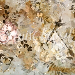 May include: A watercolor-style digital print featuring a hummingbird in flight, surrounded by delicate flowers, leaves, and butterflies in shades of brown, gold, and white.