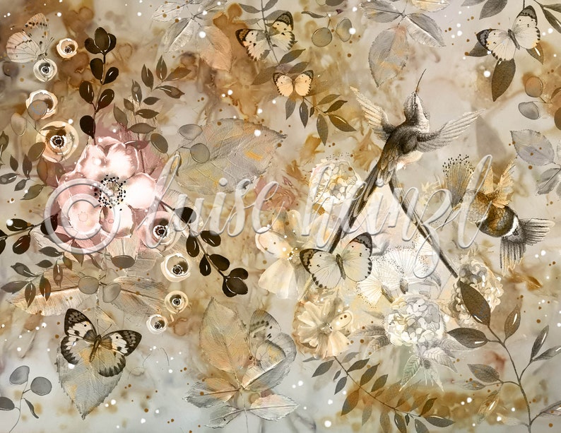 May include: A watercolor-style digital print featuring a hummingbird in flight, surrounded by delicate flowers, leaves, and butterflies in shades of brown, gold, and white.