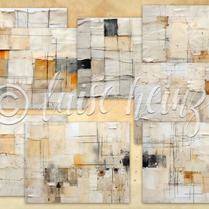May include: Abstract art painting with a collage style, featuring a grid of squares and rectangles in shades of beige, brown, and gray. The painting has a textured surface and a distressed look.