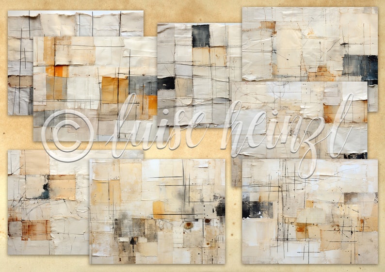May include: Abstract art painting with a collage style, featuring a grid of squares and rectangles in shades of beige, brown, and gray. The painting has a textured surface and a distressed look.
