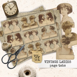 vintage ladies page tabs, vintage ladies ephemera, vintage women ephemera, junk journal spots 8,5x11 digital ephemera
