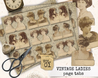 vintage dames pagina tabbladen zijtabs, vintage vrouwen, journaling ephemera, vintage ephemera voor junk journals, digitale ephemera 8.5x11