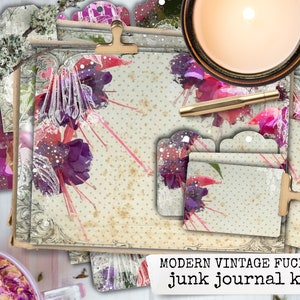 digital printable junk journal kit, vintage fuchsia paper, collage sheets, botanical junk journal, instant download for journals & scrapbook