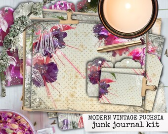 MODERNE VINTAGE FUCHSIA junk journal kit digitaal papier, vintage fuchsia notitieboek download met ephemera scrapbooks 21x29,7