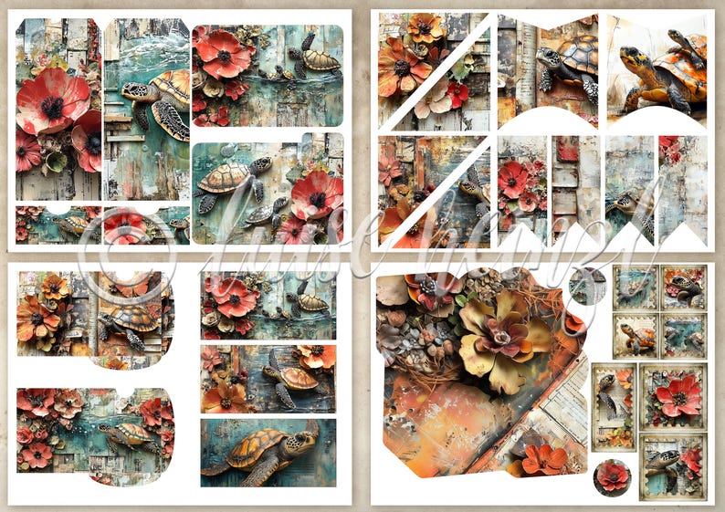 RAGGEDY TURTLE BLOOM Floral Junk Journal Ephemera, Printable Paper ...