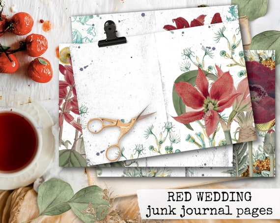 RED WEDDING DIN A4, digital papers for junk journals, junk journal kit, wedding journal, wedding printable, botanical junk journal 21x29,7
