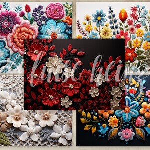 EMBROIDERY PAPER junk journal pages, embroidered paper flowers on fine crochet lace, background pages junk journals, collage sheets 21x29.7 image 3