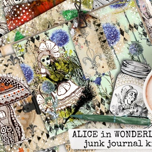 alice in wonderland junk journal kit, digital printable kit, collage sheets, gluebook kit, paper for junk journals and scrapbooks