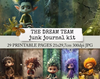 THE DREAM TEAM junk journal kit, noodpapier downloaden, schattige karakters, pagina's voor notebooks, dagboeken, plakboeken, tijdschriften 21x29.7