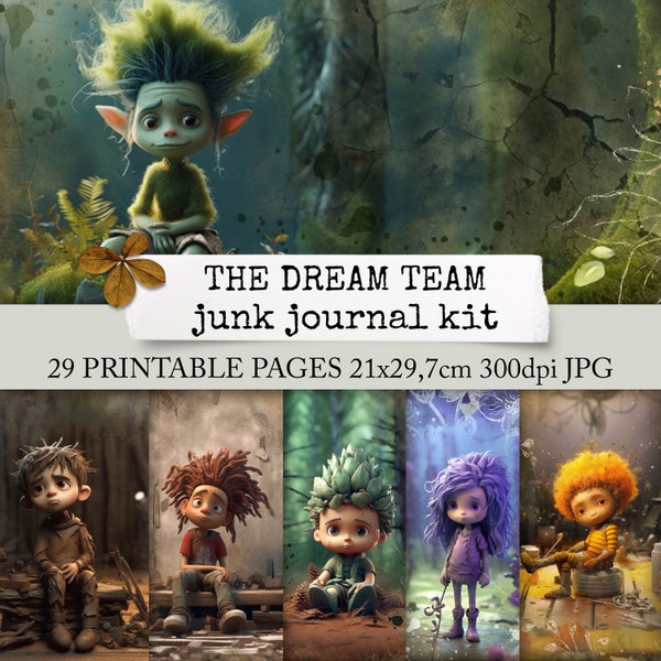 THE DREAM TEAM junk journal kit, distress papier download, süße charaktere, seiten für notizbücher, tagebücher, scrapbooks, journals 21x29,7