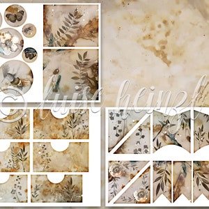 May include: Digital collage sheet with a vintage aesthetic featuring birds, butterflies, flowers, and leaves in shades of brown, beige, and white. The sheet is divided into sections with different shapes and sizes, perfect for crafting and scrapbooking.