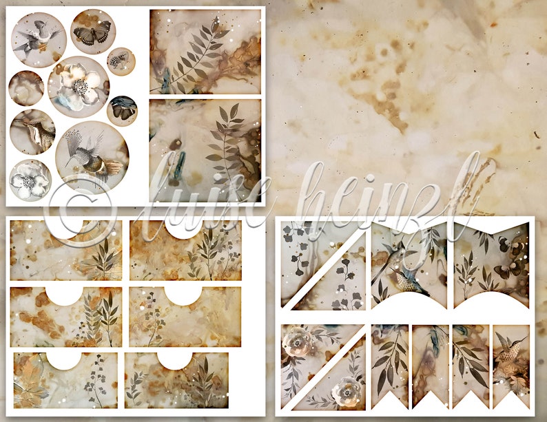 May include: Digital collage sheet with a vintage aesthetic featuring birds, butterflies, flowers, and leaves in shades of brown, beige, and white. The sheet is divided into sections with different shapes and sizes, perfect for crafting and scrapbooking.