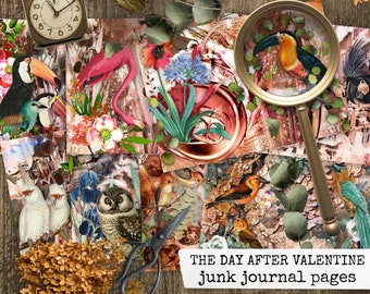 EL DÍA después de SAN VALENTÍN Valentin Pages Junk Journal, Valentine's Day Scrapbook Paper Birds Flowers, Download & Print